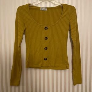 Mustard Yellow Ribbed Button Down Sweater Top